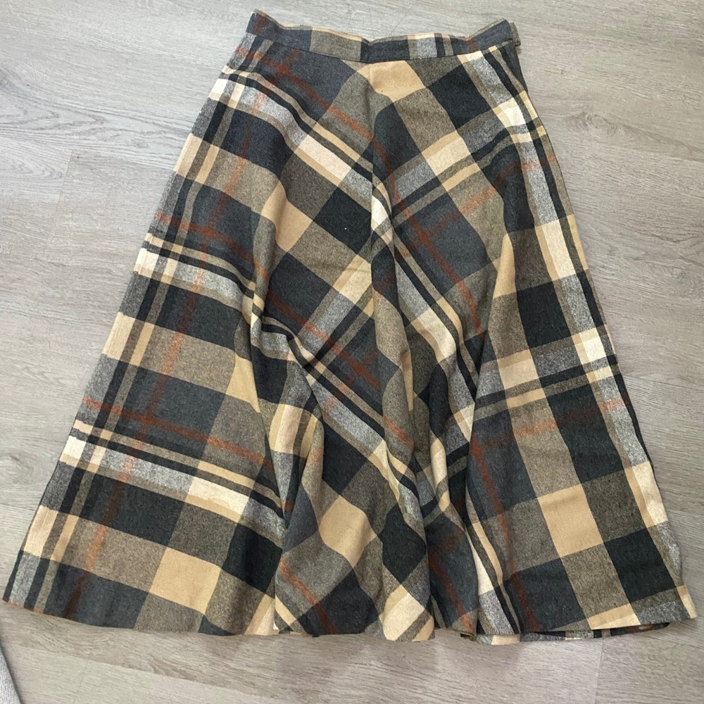 Vintage Plaid A-Line Skirt Women 12 Brown Tan Union Made USA Midi Skirt - Picture 5 of 5